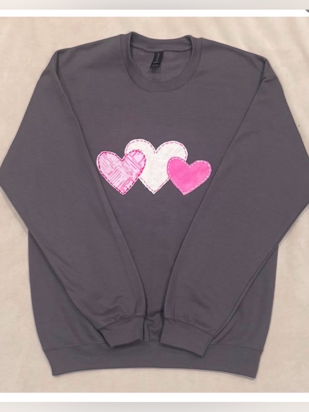 Grey Crew Neck with Pink and White Hearts